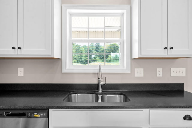 kitchen with white cabinetry, sink, and stainless steel dishwasher