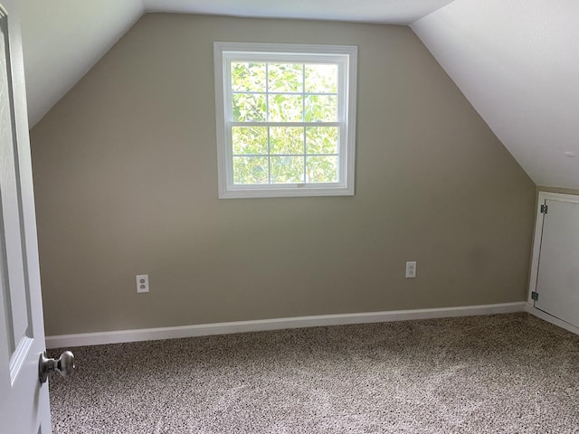 additional living space featuring carpet floors, vaulted ceiling, and baseboards