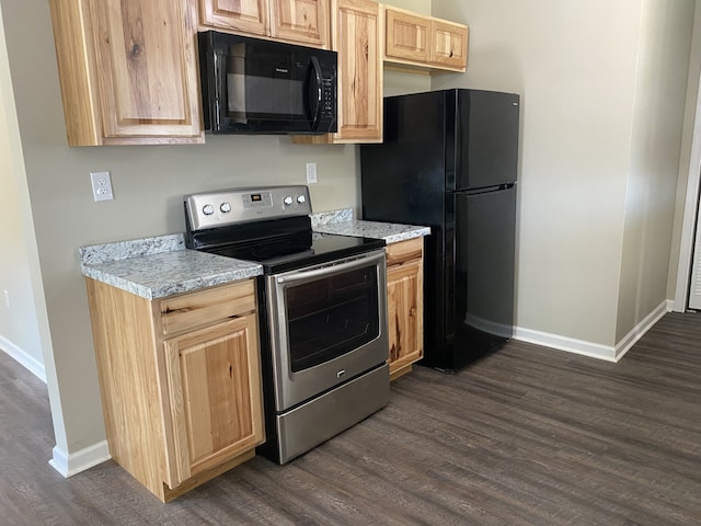 kitchen with dark hardwood / wood-style flooring, black appliances, light brown cabinets, and light stone countertops