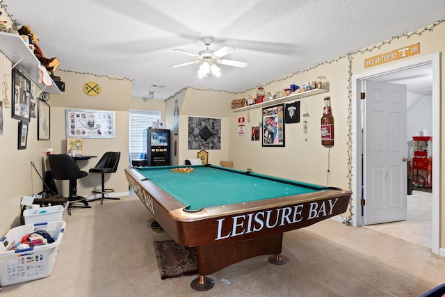 game room featuring ceiling fan, carpet, a textured ceiling, and billiards