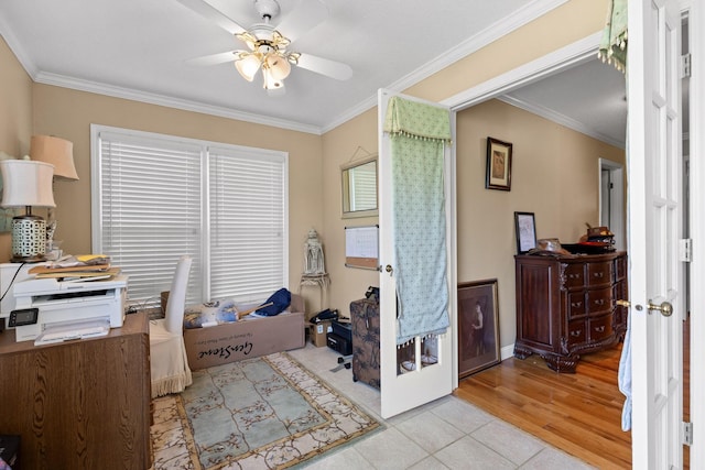 tiled office with ceiling fan and ornamental molding