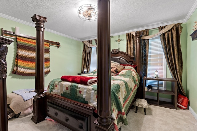 bedroom with crown molding, light colored carpet, and a textured ceiling