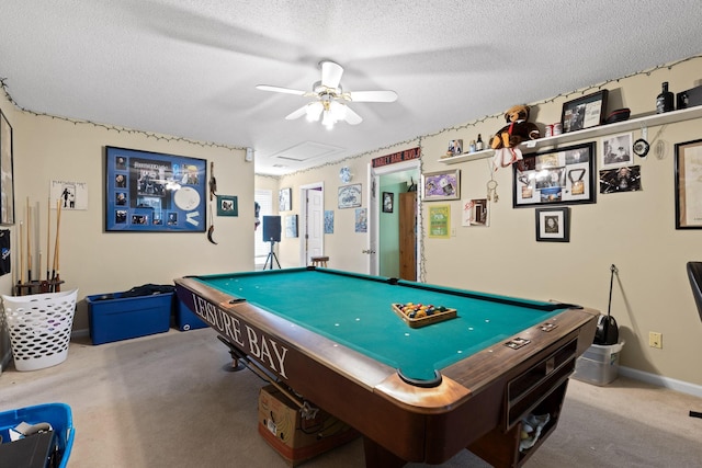 recreation room featuring ceiling fan, carpet floors, pool table, and a textured ceiling