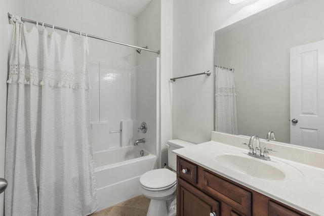 full bathroom with vanity, toilet, shower / bathtub combination with curtain, and tile patterned floors