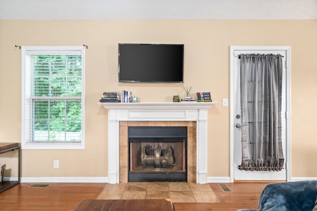 living room featuring a fireplace and light wood-type flooring