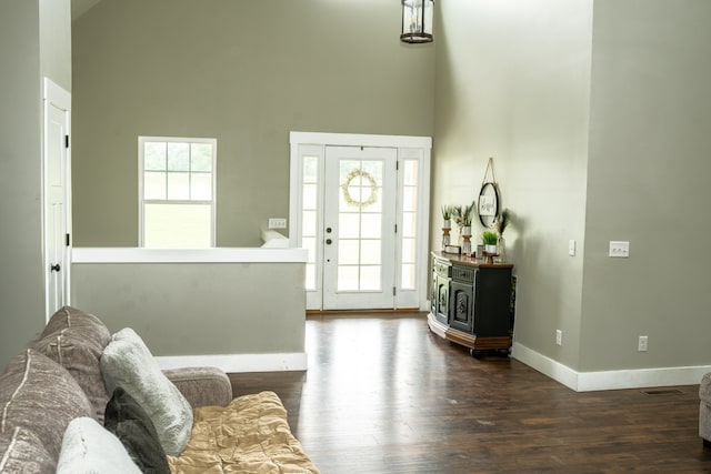 foyer entrance with dark hardwood / wood-style flooring and a towering ceiling