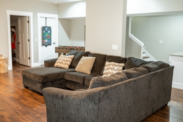 living room with dark hardwood / wood-style flooring