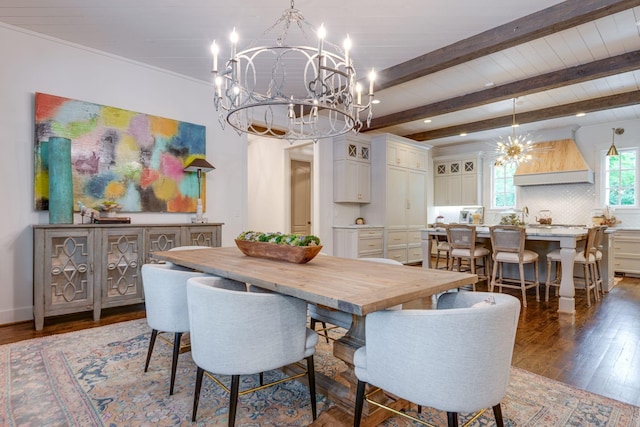 dining area featuring beamed ceiling, a chandelier, and dark wood-type flooring