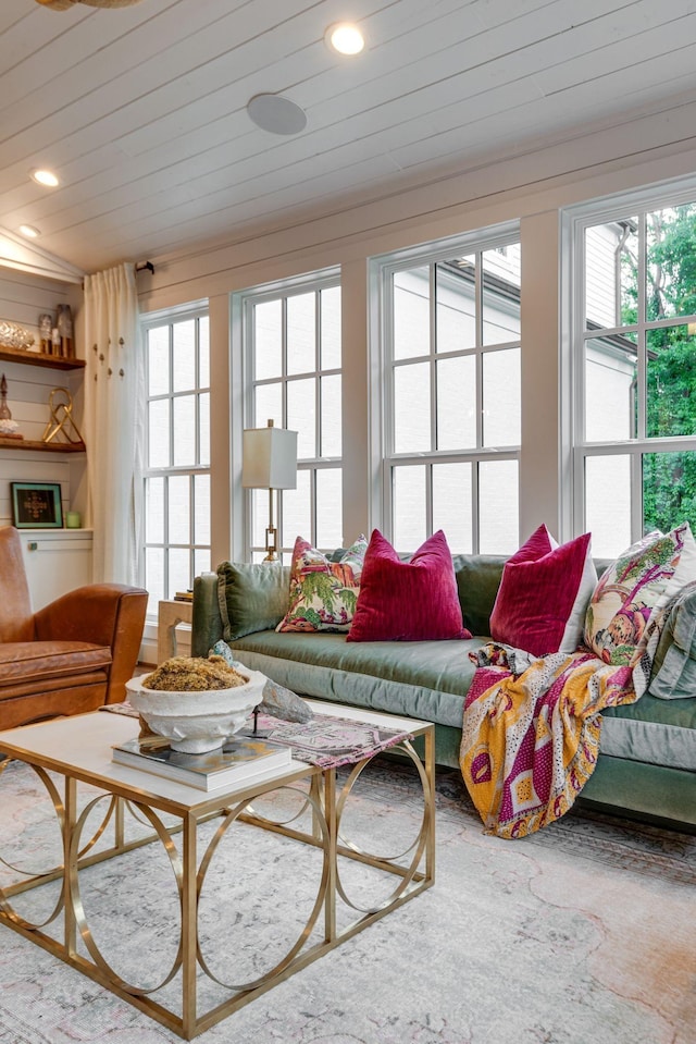 sunroom with wood ceiling