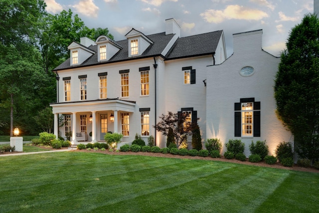 view of front of house with a front yard and covered porch