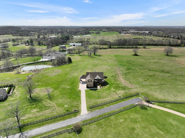 drone / aerial view featuring a rural view and a water view