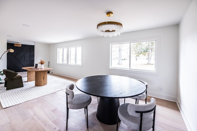 dining room with light wood finished floors and baseboards