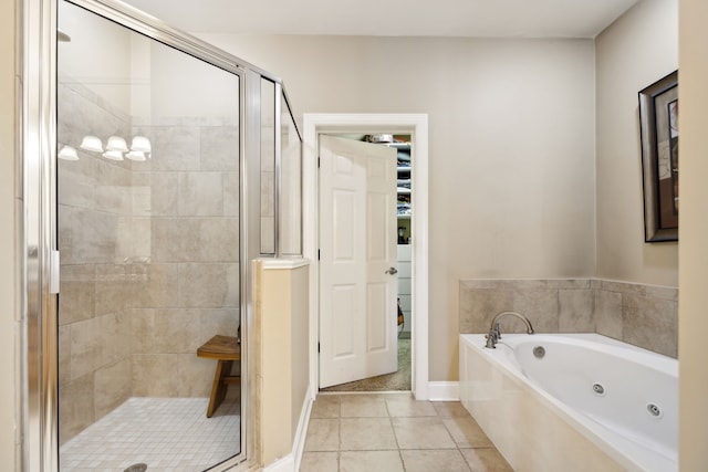 bathroom featuring independent shower and bath and tile patterned floors