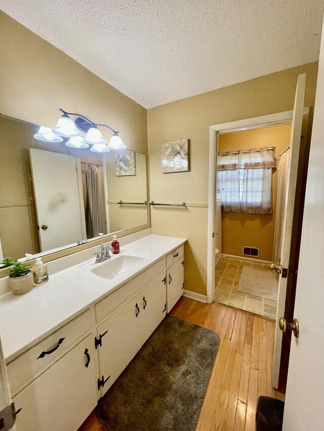 bathroom with vanity, hardwood / wood-style flooring, and a textured ceiling