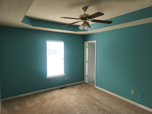 empty room featuring a raised ceiling, carpet floors, and a textured ceiling