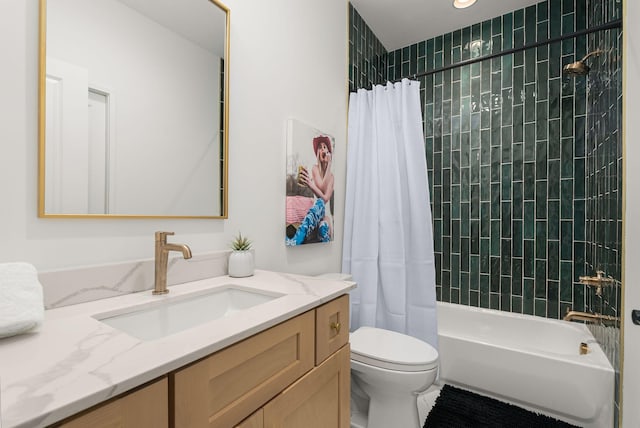 full bathroom with toilet, vanity, and shower / bathtub combination with curtain