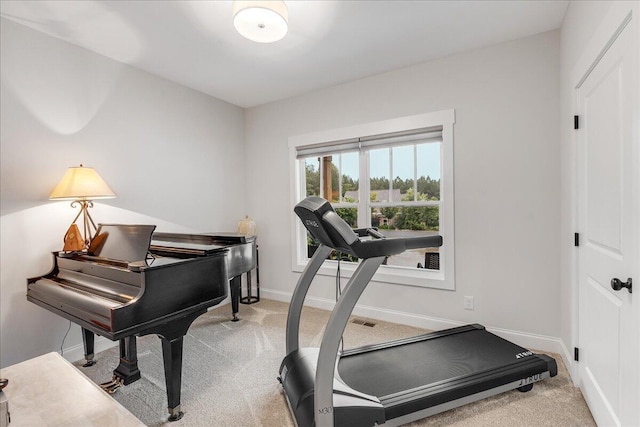 exercise area with light colored carpet