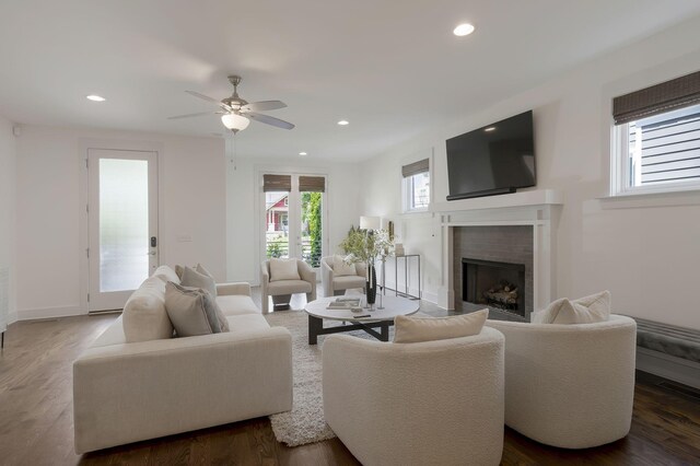 living room featuring ceiling fan and wood-type flooring