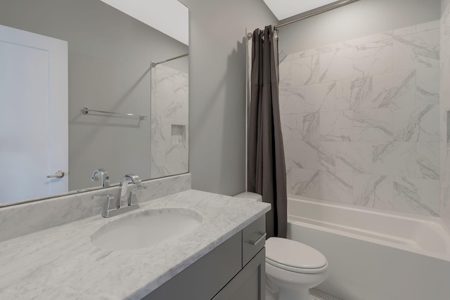 full bathroom with vanity, shower / bathtub combination with curtain, and toilet