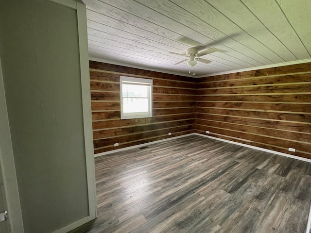 spare room with wood ceiling, dark hardwood / wood-style floors, ceiling fan, and wood walls