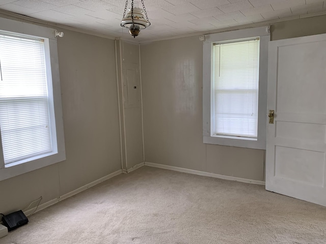 empty room with a healthy amount of sunlight, light colored carpet, ornamental molding, and electric panel