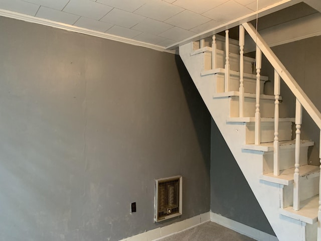 basement with crown molding and carpet flooring