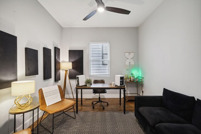 office area featuring hardwood / wood-style floors and ceiling fan