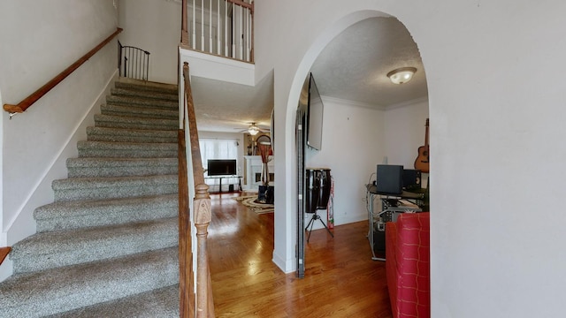 staircase featuring wood-type flooring, crown molding, ceiling fan, and a textured ceiling