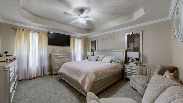 bedroom with light colored carpet, ornamental molding, a raised ceiling, and a textured ceiling