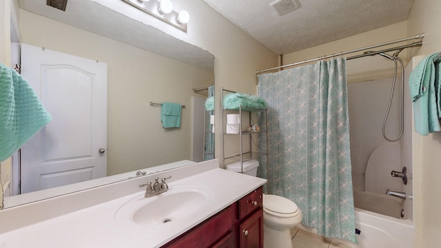 full bathroom featuring vanity, toilet, a textured ceiling, and shower / bathtub combination with curtain