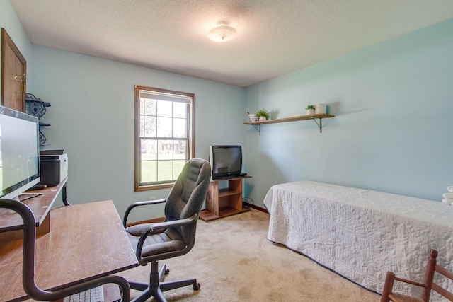 bedroom with light colored carpet and a textured ceiling