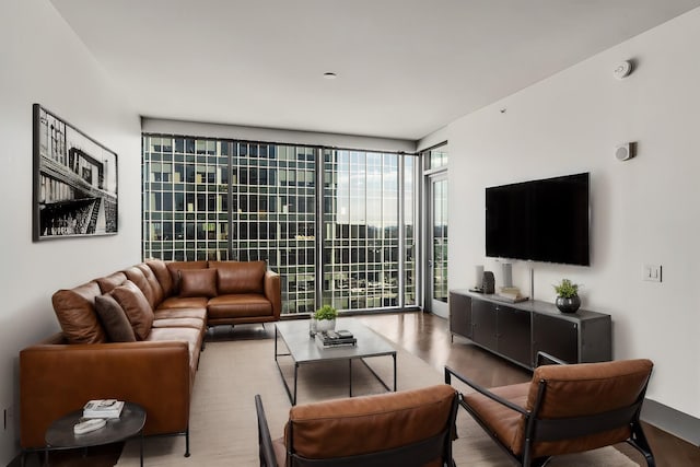 living area featuring a wall of windows and wood finished floors