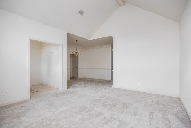 spare room featuring light colored carpet, beam ceiling, high vaulted ceiling, and a notable chandelier