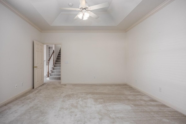 carpeted spare room with ceiling fan, ornamental molding, and a tray ceiling