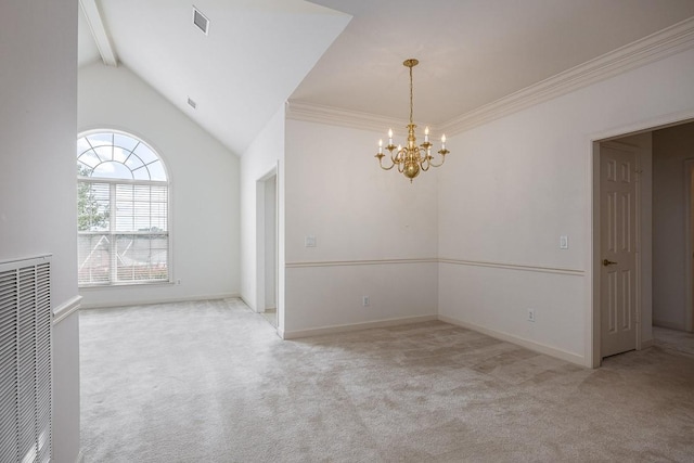 empty room with an inviting chandelier, crown molding, beam ceiling, and light carpet