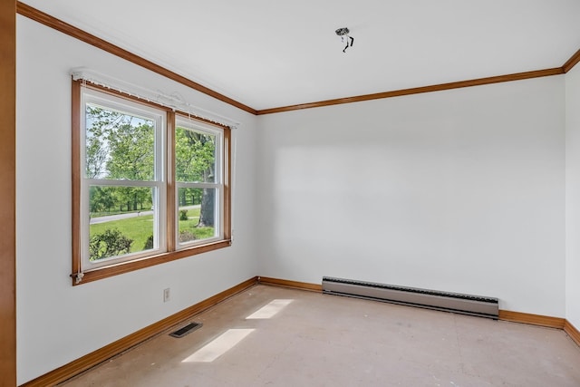 empty room with a baseboard radiator, visible vents, concrete floors, and baseboards