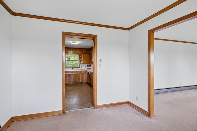 unfurnished room featuring concrete flooring, baseboards, crown molding, and baseboard heating