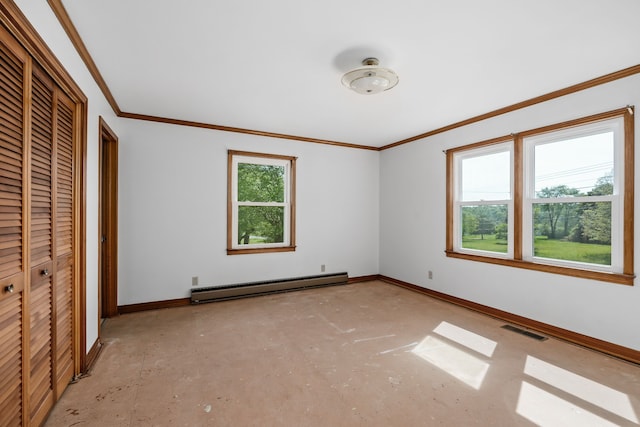 unfurnished bedroom with a baseboard radiator, crown molding, and a closet