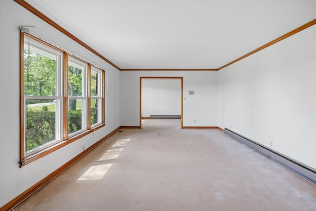 empty room featuring a baseboard radiator, concrete floors, baseboards, and crown molding