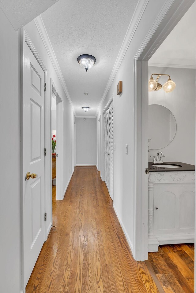 corridor featuring light hardwood / wood-style floors, sink, crown molding, and a textured ceiling