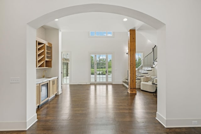 living room featuring dark wood-type flooring and sink