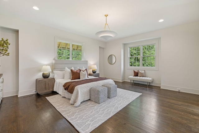 bedroom featuring dark hardwood / wood-style floors and multiple windows