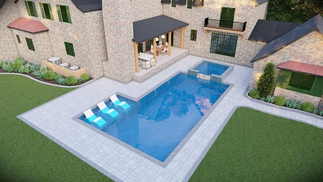 view of pool with a yard, a patio, and an in ground hot tub