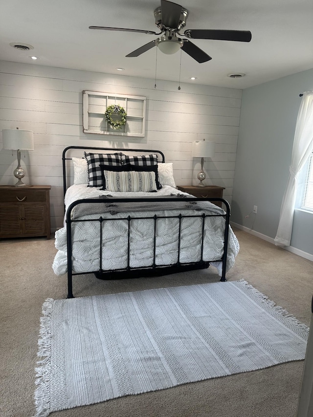 bedroom with light carpet, baseboards, visible vents, ceiling fan, and recessed lighting