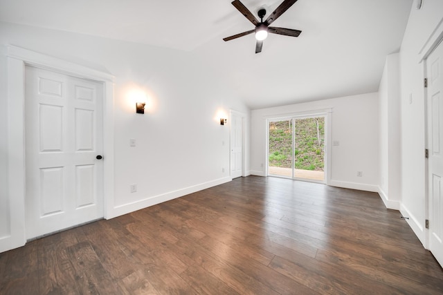 interior space featuring lofted ceiling, dark wood-type flooring, and ceiling fan