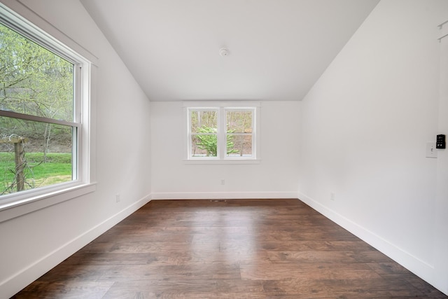 empty room with vaulted ceiling, dark hardwood / wood-style floors, and a healthy amount of sunlight