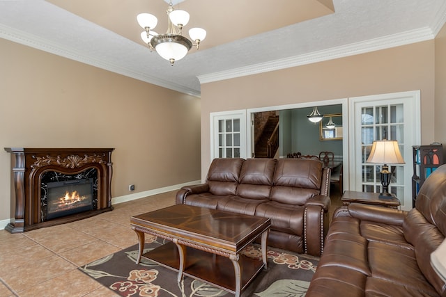 tiled living room with an inviting chandelier, a textured ceiling, and ornamental molding