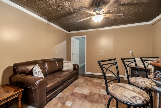 tiled home office featuring ornamental molding and ceiling fan