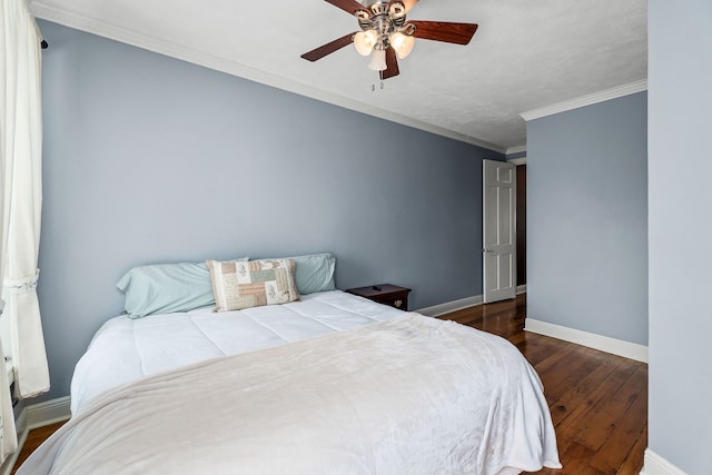 bedroom with wood-type flooring, ornamental molding, and ceiling fan