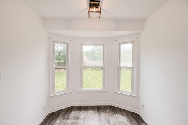 empty room featuring baseboards and dark wood-type flooring